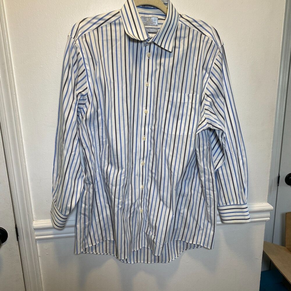 Preppy Stafford Executive Blue Stripe Broadcloth Dress Shirt Wrinkle Free 16 32/